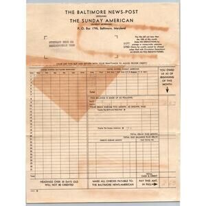 1942 Baltimore News-Post Sunday American Newspaper Billing Slip Maryland Bill